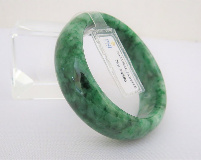 Translucent Natural Floral Dark Green, Black Jadeite Jade Vintage Bangle Bracelet 52.6MM