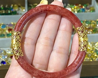 Vintage 18K Solid Gold Translucent Red Jadeite Jade Hinged Bangle Bracelet 54MM