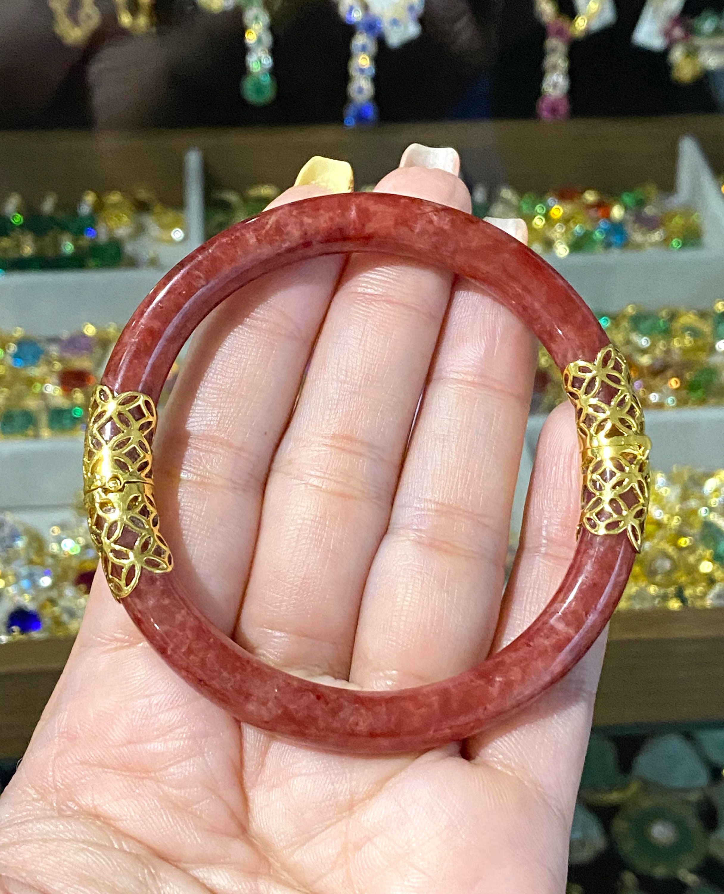 Vintage 18K Solid Gold Translucent Red Jadeite Jade Hinged Bangle Bracelet 54MM - Etsy Vintage 18K Solid Gold Translucent Red Jadeite Jade Hinged Bangle Bracelet 54MM - Etsy
