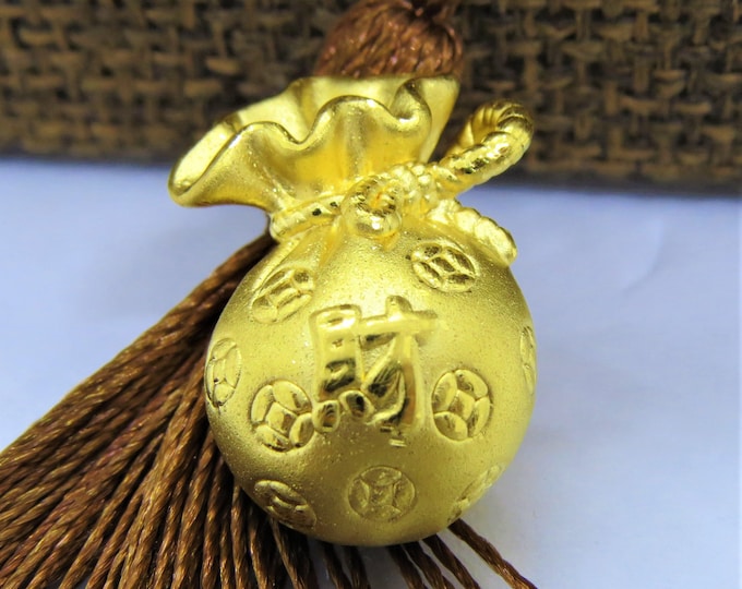 24k 999 Pure Gold 3D Luck Money Bag Vintage Pendant