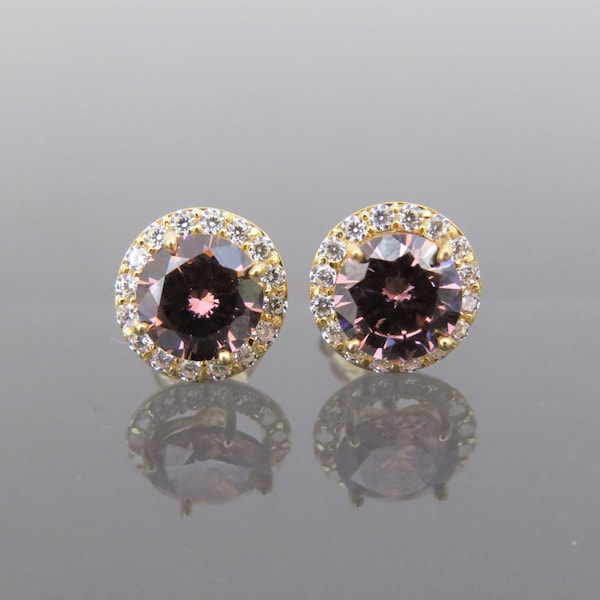 Vintage 18K Solid Yellow Gold 1.22ct Pink Tourmaline & White Topaz Halo Earrings