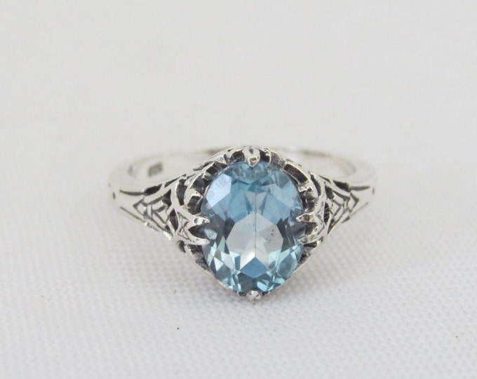 Vintage Sterling Silver Oval Aquamarine Filigree Ring Size 7