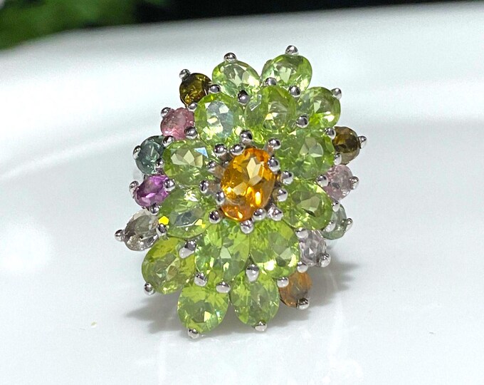 Vintage Sterling Silver Natural Citrine, Peridot & Tourmaline Ring Size 8.25