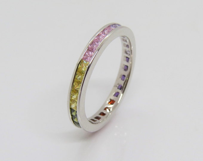 Sterling Silver Mixed Gemstone Eternity Band Ring Size 8