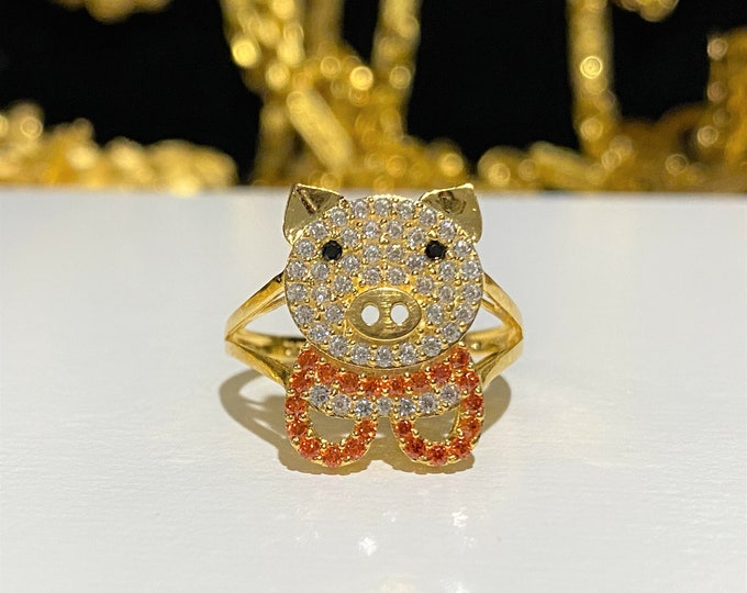 Vintage 18K Solid Yellow Gold Orange Opal & White Topaz Pig Ring Size 6.75