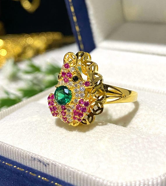 Vintage 15K Gold Frog Ring Emerald, Ruby, Topaz, … - image 8