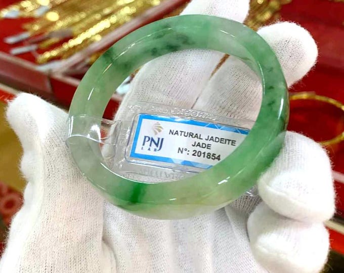 Vintage Translucent Natural Green, White Jadeite Jade Bangle Bracelet 54MM