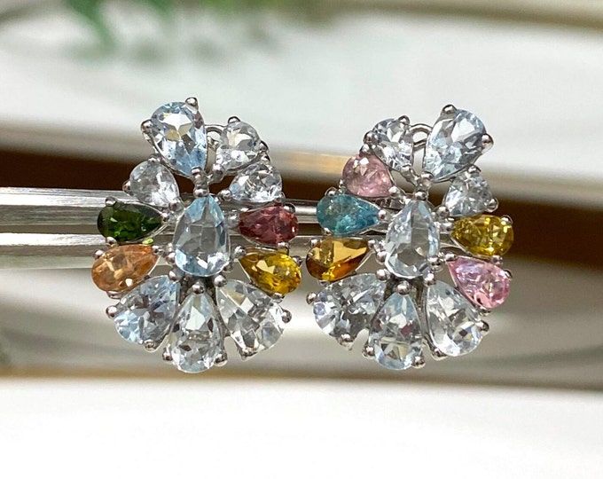 Vintage Sterling Silver Pear cut Natural Aquamarine & Tourmaline Earrings