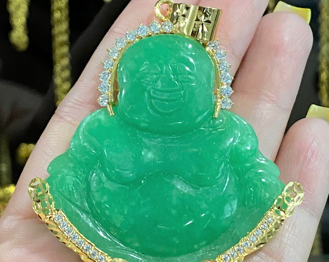 Vintage 15K 610 Solid Gold Green Jadeite Jade, White Topaz Happy Buddha, Lucky Buddha Pendant