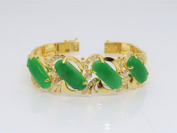 Bracelet Or 18 Carats Avec Jadéite Et Pierre Blanche - Bijou Occasion, élégant Et Vintage