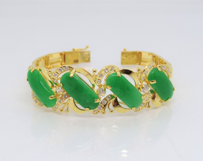 Vintage 18K Gold Translucent Saddle Green Jadeite Jade White Topaz Bracelet 7 2/8''