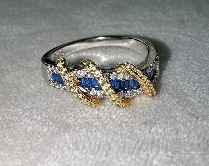 Vintage Sterling Silver 14K Gold Plated Blue Sapphire & White Topaz Ring Size 8