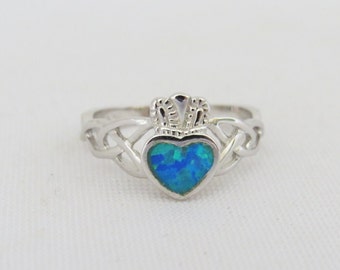 Vintage Claddagh Sterling Silver Inlay Blue Opal Ring Size 10