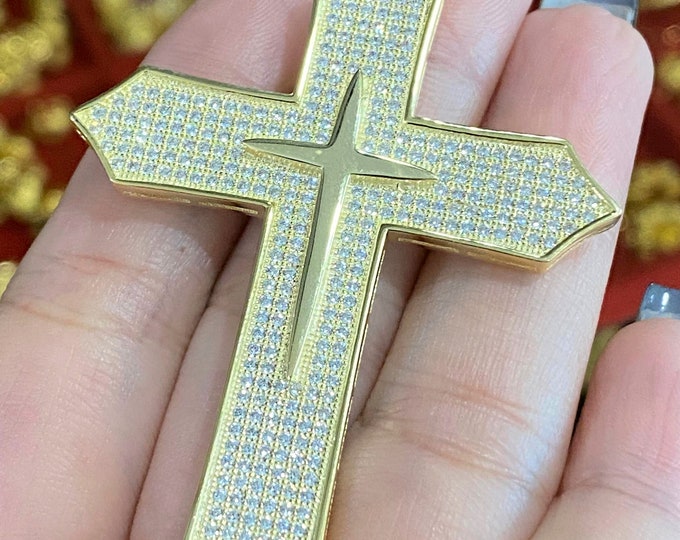 Vintage 14K Gold Plated 925 Sterling Silver White Topaz Micro Pave Cross Pendant for Men