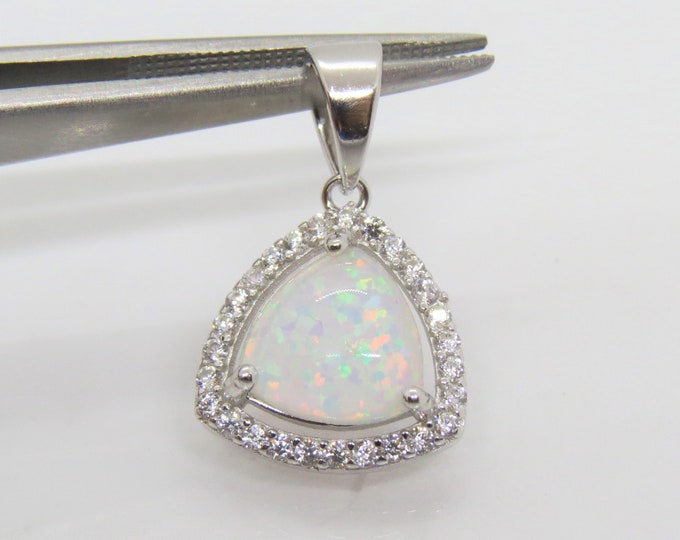 Vintage Sterling Silver Trillion White Opal & White Topaz Pendant