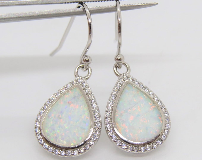 Vintage Sterling Silver Fire Opal & White Topaz Dangle Earrings