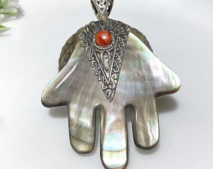 Vintage Sterling Silver Abalone, Red Coral Hand Pendant.