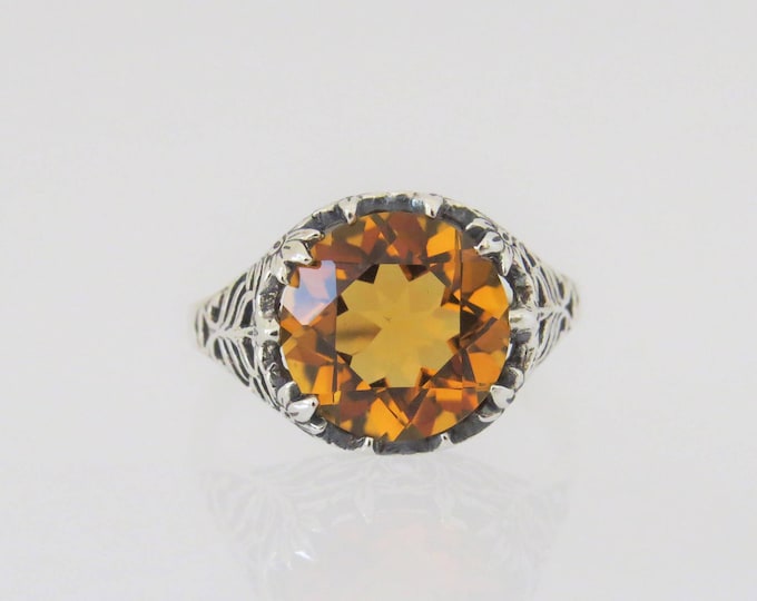 Vintage Sterling Silver Round cut Yellow Citrine Filigree Ring Size 9