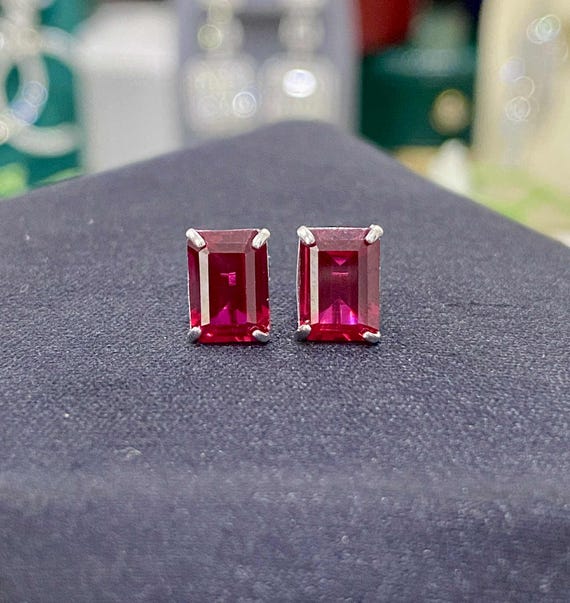 Vintage 14K Solid White Gold Rectangular Ruby Ear… - image 1