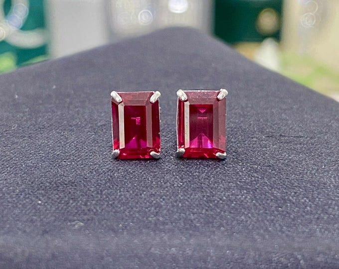 Vintage 14K Solid White Gold Rectangular Ruby Earrings.