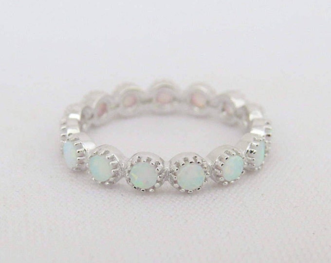 Sterling Silver Round White Opal Eternity Band Ring Size 5