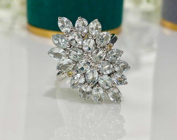 Vintage Sterling Silver Natural Aquamarine & Yellow Sapphire Ring Size 7 1/2