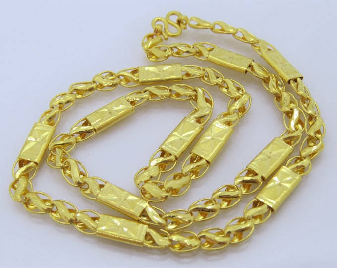 Vintage 23K 980 Solid Yellow Gold Diamond cut Bamboo Flat Link Chain Necklace 18''