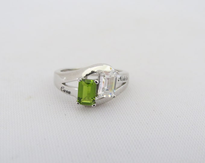 Vintage Sterling Silver Emerald cut Peridot & White Topaz Ring Size 5