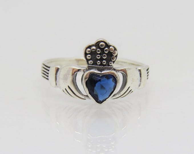 Vintage Claddagh Sterling Silver Blue Sapphire Ring Size 7