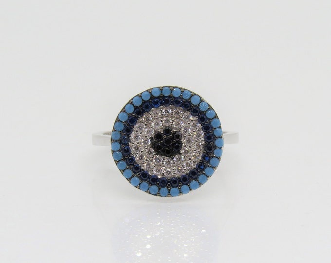 Vintage Sterling Silver Mixed Gemstones Evil Eye Dome Ring Size 8
