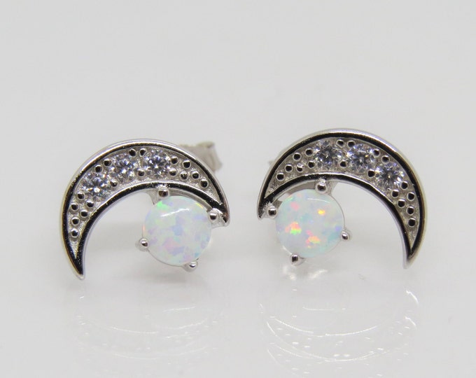 Vintage Sterling Silver White Opal & White Topaz Moon Earrings
