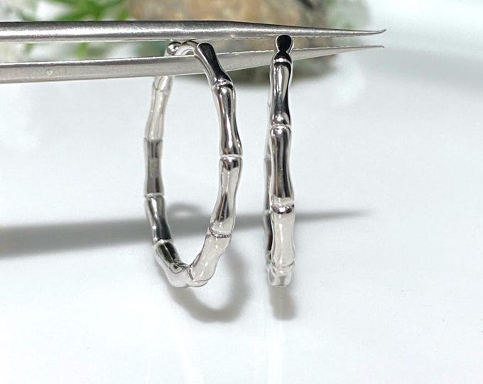 Vintage Sterling Silver Bamboo Carved Hoop Earrings 25MM