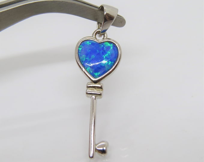 Vintage Sterling Silver Blue Opal Heart Key Pendant