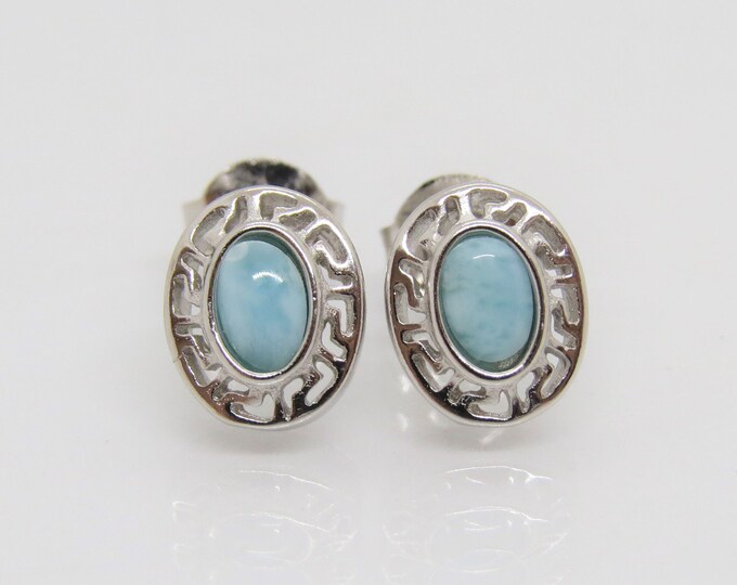Vintage Sterling Silver Natural Larimar Filigree Oval Stud Earrings