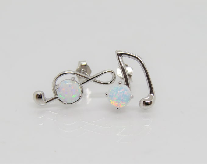 Vintage Sterling Silver Round White Opal Music Notes Earrings