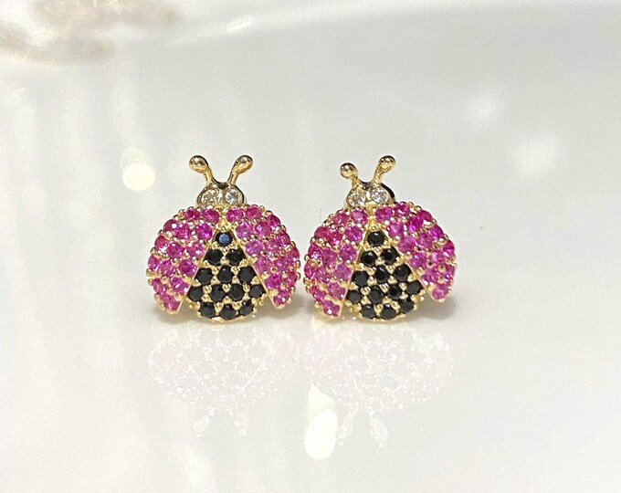 Vintage 14K Solid Yellow Gold Ruby, Black Sapphire & White Topaz Ladybug  Stud Earrings