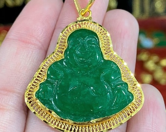 Vintage 24K 980 Solid Gold Green Jadeite Jade Laughing Buddha, Happy Buddha Filigree Pendant. Phat Di Lac, Mat Ong Dia.