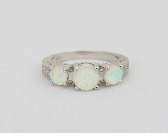 Vintage Sterling Silver White Opal & White Topaz Three Stone Ring Size 6