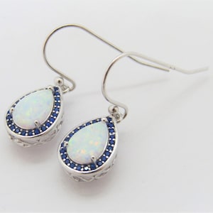 Vintage Sterling Silver Pear cut White Opal & Blue Sapphire Dangle Earrings