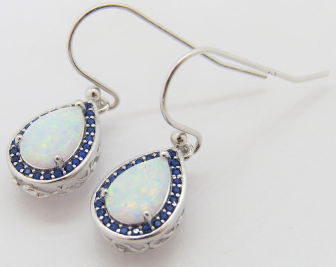 Vintage Sterling Silver Pear cut White Opal & Blue Sapphire Dangle Earrings