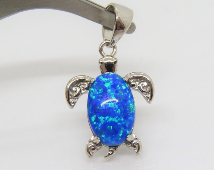 Vintage Sterling Silver Blue Opal Turtle Pendant