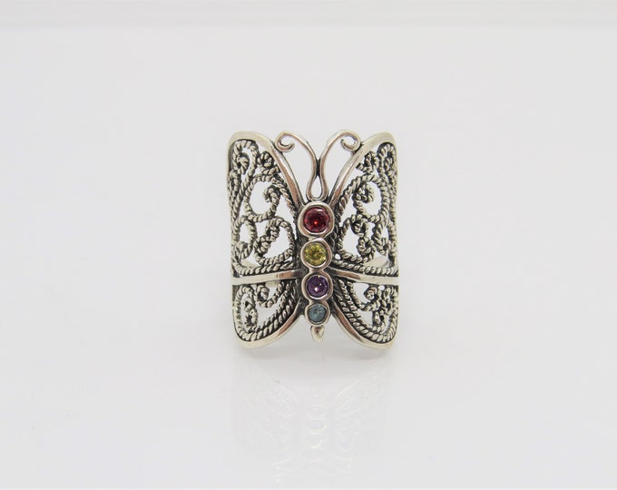 Vintage Sterling Silver Multi Color Gemstones Butterfly Filigree Ring Size 8