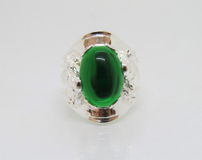 Vintage Sterling Silver Emerald Cabochon Mammon Wealth God Ring Size 9.5