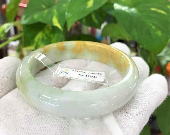 Translucent Natural Green White, Honey Orange Jadeite Jade Vintage Bangle Bracelet 58MM
