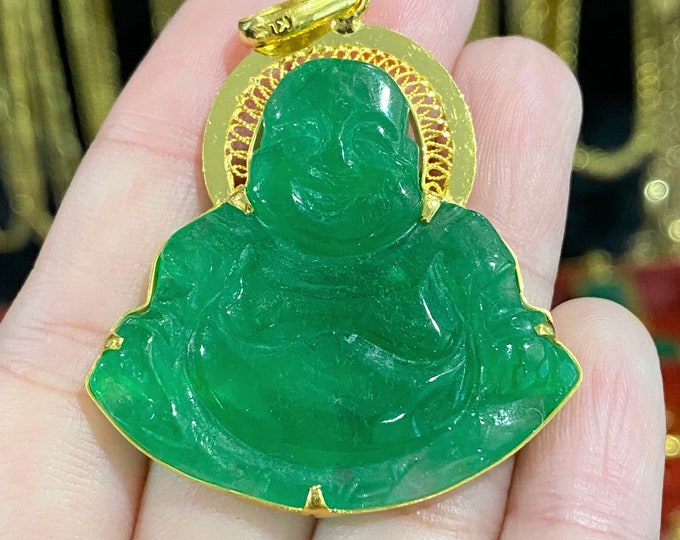 Vintage 24K 980 Solid Gold Green Jadeite Jade Laughing Buddha, Happy Buddha Pendant.