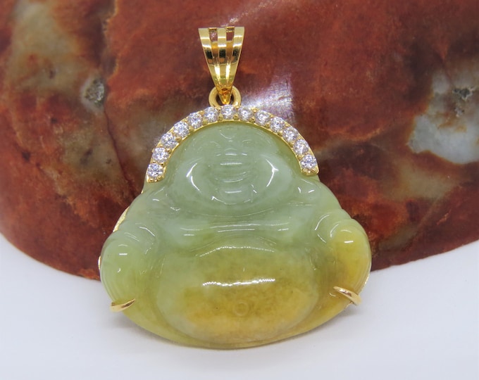 Vintage 18K Solid Gold Translucent Yellow, Green Jadeite Jade & White Topaz Carved Laughing Buddha Pendant