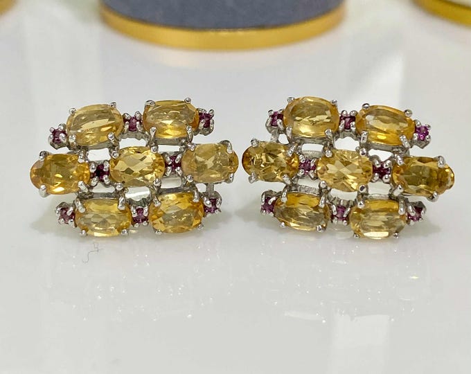 Vintage Sterling Silver Natural Citrine & Tourmaline Cluster Earrings.