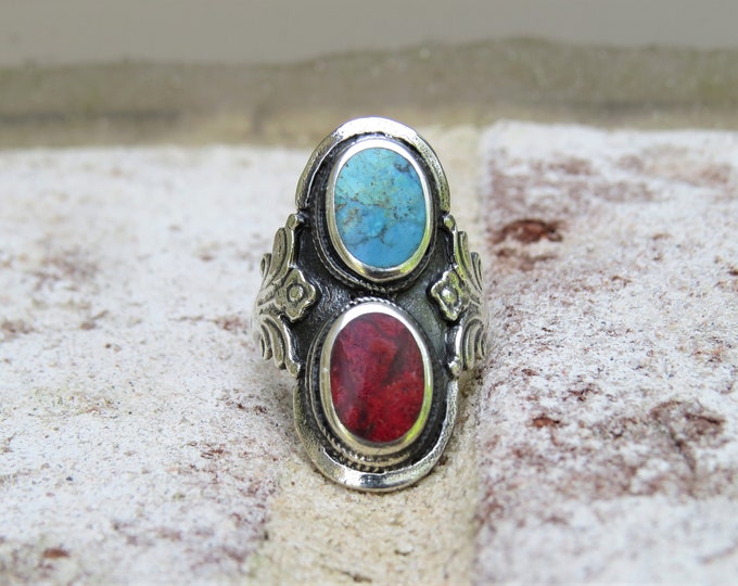 Vintage Sterling Silver Turquoise & Red Coral Long Ring.