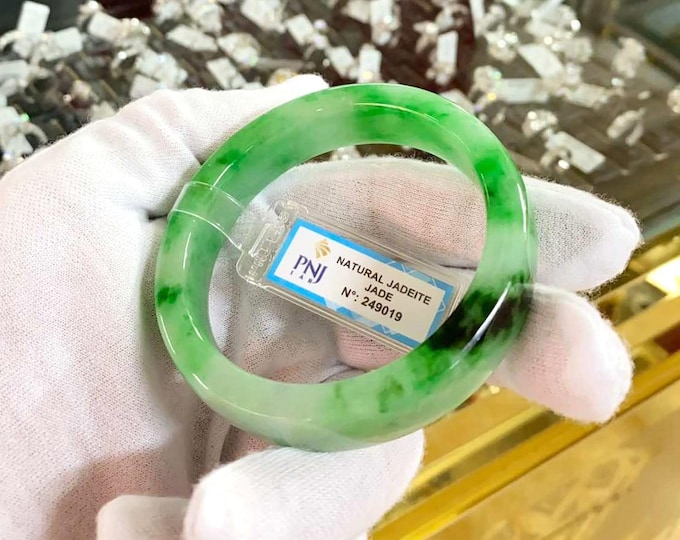 Vintage Translucent Natural Green, Black Jadeite Jade Bangle Bracelet 57.4MM