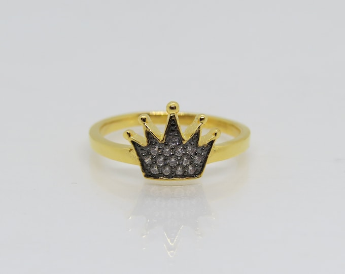 Vintage Sterling Silver Gold Vermeil White Topaz Crown Ring Size 7